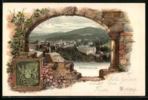 Passepartout-Lithographie Badenweiler, Ortspanorama mit Gebirge