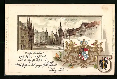 Passepartout-AK München, Marienplatz, Strassenbahn, Wappen, Münchner Kindl