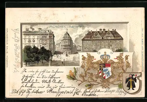 Passepartout-Lithographie München, der Karlsplatz, das Stadtwappen, Münchner Kindl