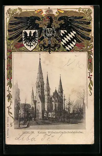 Passepartout-Lithographie Berlin-Charlottenburg, Kaiser Wilhelm-Gedächtniskirche, Wappen, Adler