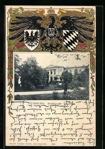 Passepartout-Lithographie Duisburg, Städtische Tonhalle mit Anlagen, Wappen