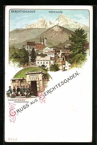 Lithographie Berchtesgaden, Ortsansicht mit Watzmann, Ausfahrt aus dem Ferdinandberg
