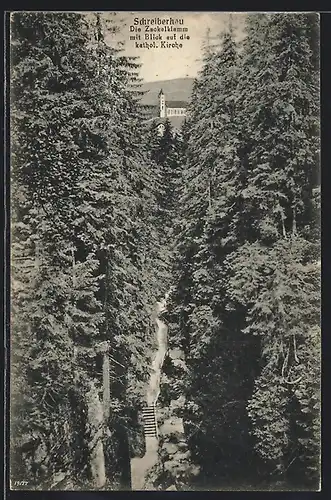 AK Schreiberhau, Die Zackelklamm mit Blick auf die kathol. Kirche