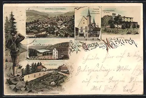 Lithographie Markirch, Weisser See u. Hotel, Hochkönigsburg u. Hotel, Thurm des alten Rathhauses