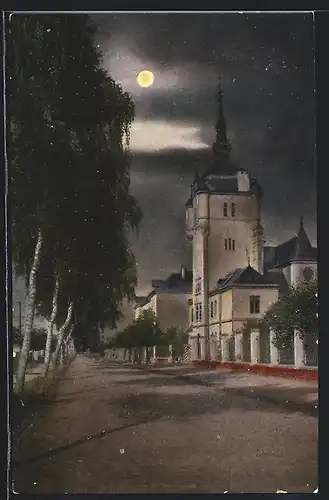 Mondschein-AK Treptow a. R., Unteroffizierschule bei Nacht