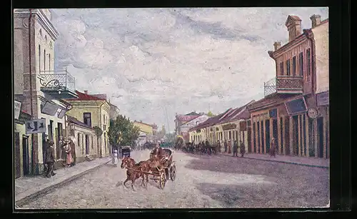 Künstler-AK Kowel, Blick in die Lucker-Strasse