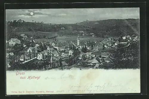 Mondschein-AK Huttwyl, Ortsansicht mit Kirche aus der Vogelschau