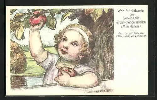 Künstler-AK Ludwig von Zumbusch: Kind pflückt einen Apfel vom Baum