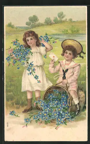 Präge-AK Kinder mit Blumenkorb auf einer Wiese