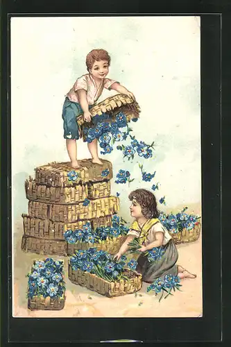 Präge-AK Kinder beim entleeren der Blumenkörbe