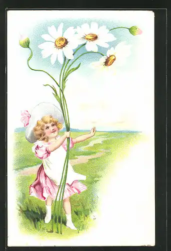Präge-AK Kleines Mädchen mit Gänseblumen auf einer Wiese