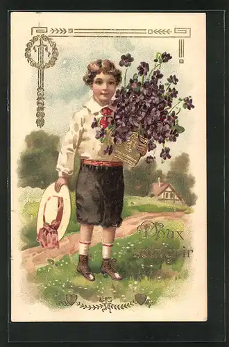 Präge-AK freundlicher Bube mit Blumentopf und Hut am Ortsrand