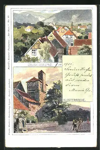 Künstler-AK H. Bahndorf: Ilsenburg, Ortsansicht und Klosterkirche