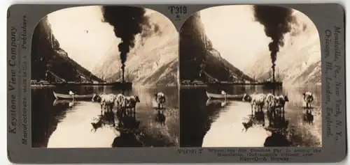 Stereo-Fotografie Keystone, Meadville, Ansicht Gudvangen, Dampfer auf dem Naerofjord