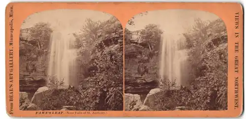 Stereo-Fotografie Beal, Minneapolis, Ansicht Fawn's Leap / NY, Wasserfall, Near Falls of St. Anthony