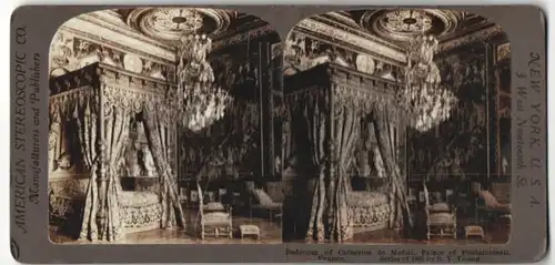 Stereo-Fotografie American Stereoscopic Co., New York, Ansicht Fontainebleau, Palast, Bett von Catharina von Medici