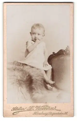 Fotografie D. Wettern, Hamburg, Portrait süsses Kleinkind im weissen Hemd auf Fell sitzend