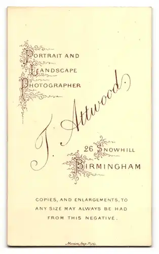 Fotografie T. Attwood, Birmingham, Portrait modisch gekleideter Herr mit Fliege und Backenbart