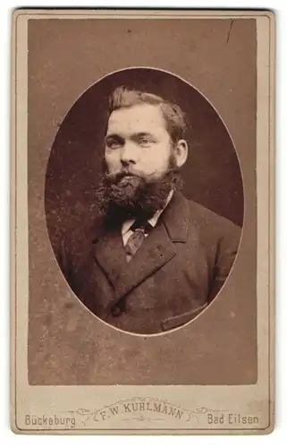 Fotografie F. W. Kuhlmann, Bückeburg, Portrait bürgerlicher Herr im Anzug mit Krawatte und Vollbart