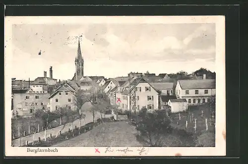 AK Burgfarrnbach, Strassenpartie am Ortseingang mit Kirchblick