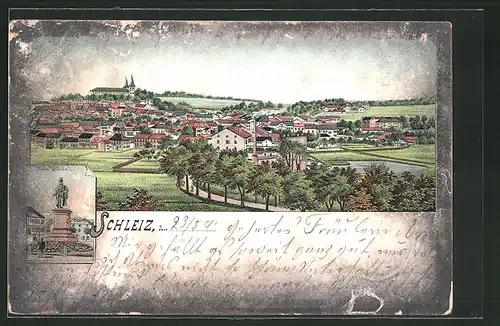 Lithographie Schleiz, Denkmal Kaiser Wilhelm I., Panoramablick auf den Ort
