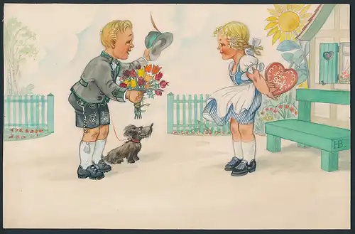 Handzeichnung / Ansichtskarten-Entwurf Hans Boettcher Nr. 373, Bayerischer Knabe mit Hund überreicht Mädchen Blumen