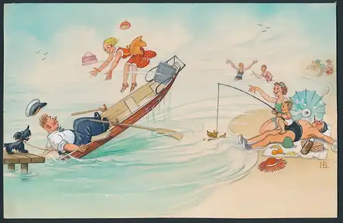 Handzeichnung / Ansichtskarten-Entwurf Hans Boettcher Nr. 397, Mann springt in Ruderboot und katapultiert Frau zu sich