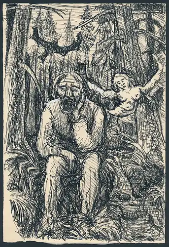 Handzeichnung / Ansichtskarten-Entwurf Szene der Nibelungen-Saga Vers 1539, Mann im Wald erscheint barbusige Frau