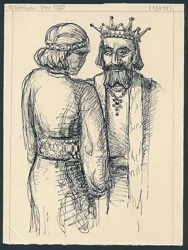 Handzeichnung / Ansichtskarten-Entwurf Szene der Nibelungen-Saga Vers 1350, König & Prinzessin