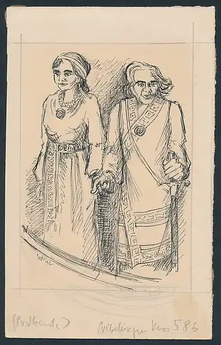 Handzeichnung / Ansichtskarten-Entwurf Szene der Nibelungen-Saga Vers 586, betagtes adliges Paar