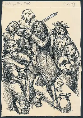 Handzeichnung / Ansichtskarten-Entwurf Szene der Nibelungen-Saga Vers 1960, Mann mit Schwert schreitet über die Tafel