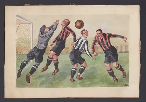 Handzeichnung / Ansichtskarten-Entwurf Franz Janau, Fussballspiel, Torwart wehrt Ball im Strafraum ab