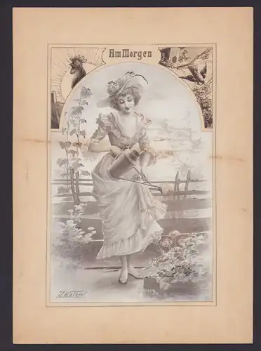 Handzeichnung / Ansichtskarten-Entwurf J. Watzal, Dame giesst Pflanzen im Garten, aufgelegtes Passepartout Am Morgen