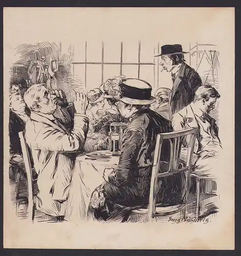 Handzeichnung / Ansichtskarten-Entwurf Georg Mühlberg, Szene in einem Restaurant, Gast beäugt Rechnung