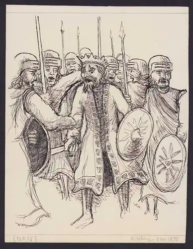 Handzeichnung / Ansichtskarten-Entwurf Szene der Nibelungen-Saga Vers 1895, König mit Schild unter seinen Soldaten