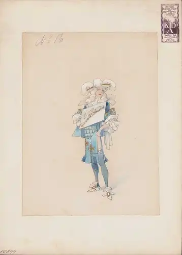 Handzeichnung / Ansichtskarten-Entwurf Wien Theater-Kostüm & Dekorations-Atelier, Dame aus Versailles im Kostüm