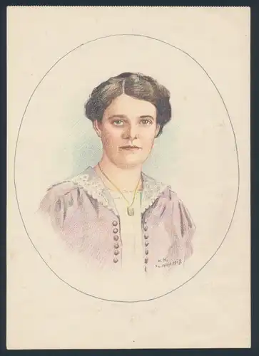 Handzeichnung Portrait Brünette Dame mit Halskette & Anhänger, Initialen W.M. im Felde 1918