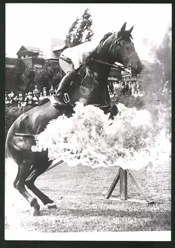 Fotografie Fotograf unbekannt, Ansicht Weston / MA, Reiterfest 1939, Pferd reisst brennendes Hindernis nieder