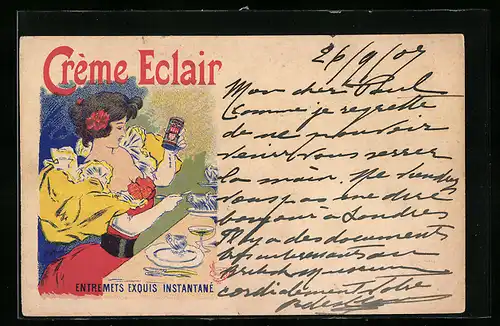 Künstler-AK Reklame für Crème Eclair, Elegante Dame am Kaffeetisch