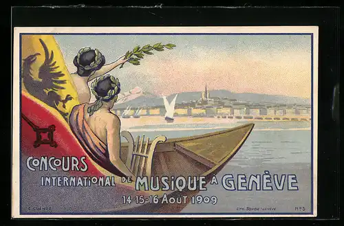 Künstler-AK Geneve, Concours International de Musique 1909, Musiker im Boot