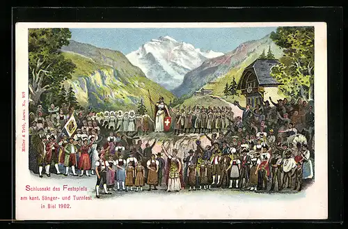 Künstler-AK Biel, Schlussakt des Festspiels am kant. Sänger- und Turnfest 1902