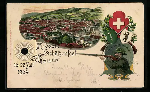 Lithographie St. Gallen, Eidgen. Schützenfest 1904, Stadtpanorama, Wappen und Jäger mit Gewehr
