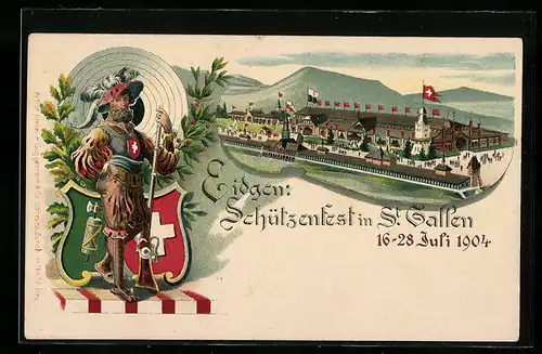 Lithographie St. Gallen, Eidgen. Schützenfest 1904, Festhalle, Schütze mit Gewehr vor Zielscheibe