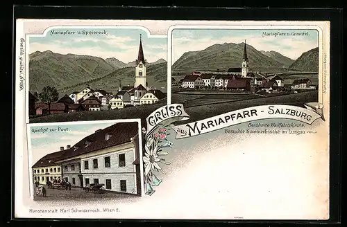 Lithographie Mariapfarr, Gasthof zur Post, Ortsansichten mit Speiereck u. Granitzl
