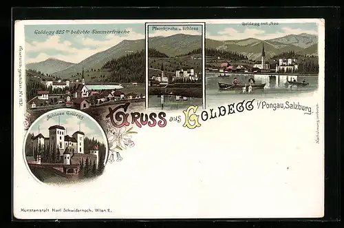 Lithographie Goldegg, Ortsansicht, Pfarrkirche & Schloss