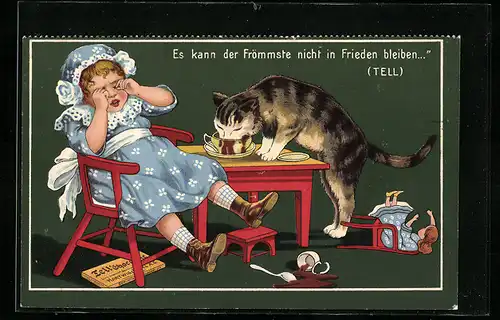 Künstler-AK Katze trinkt Tell-Chocolade aus der Tasse eines weinenden Mädchens