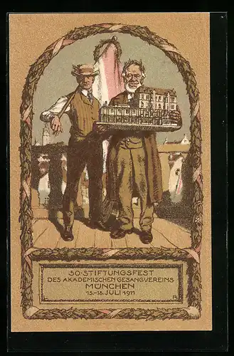 Passepartout-Künstler-AK München, Modell des Neubaus des AGV Scholastika, Lederstrasse