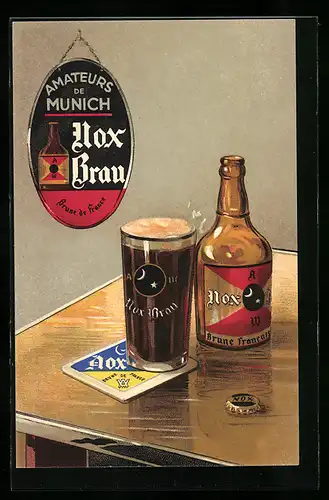 Künstler-AK Brauerei-Werbung für Nox-Brau, Bierglas und Flasche auf einem Tisch