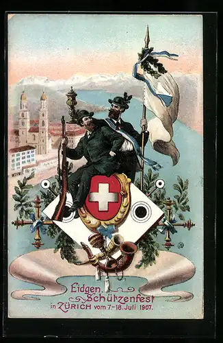 AK Zürich, Eidgen. Schützenfest 1907, Schützen und Ortspartie