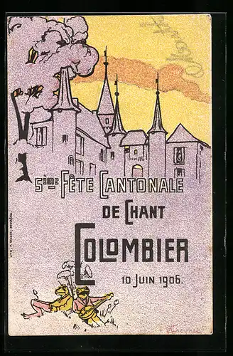 Künstler-AK Colombier, 5ème Fête Cantonale de Chant 1906